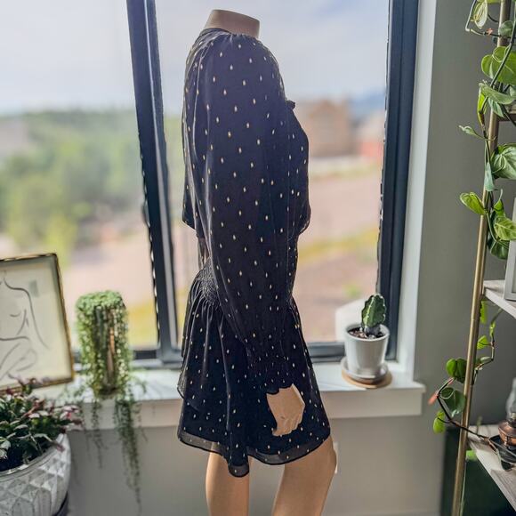 White House Black Market, Smocked Blouson Black/Gold Long Sleeve Mini Dress, XS - Picture 7 of 8